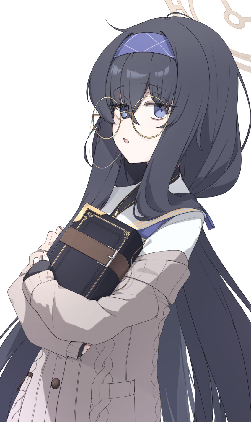 bags_under_eyes black_hair black_sweater blue_archive blue_eyes blue_hairband blue_ribbon book cardigan chloette commentary crossed_bangs from_side glasses hair_between_eyes hair_ribbon hairband halo highres holding holding_book jitome long_sleeves low_twintails off_shoulder open_mouth ribbon round_eyewear simple_background sleeves_past_fingers sleeves_past_wrists standing sweater turtleneck turtleneck_sweater twintails ui_(blue_archive) upper_body white_background