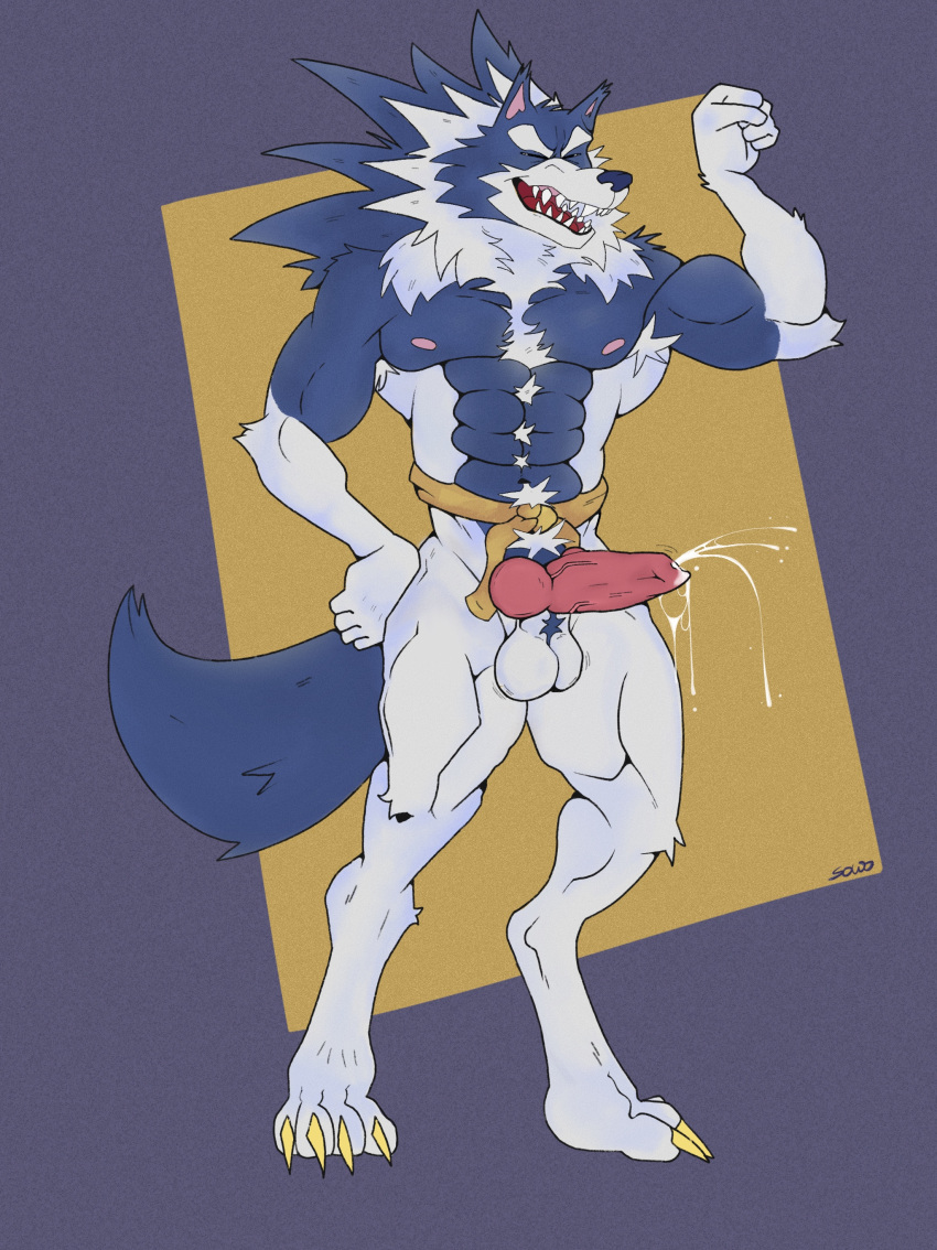 abs absurd_res animal_humanoid anthro armpit_hair balls biceps big_muscles blue_body blue_fur blue_hair bodily_fluids body_hair canid canine canis capcom chest_hair claws cum cum_drip cumshot darkstalkers dominant dripping ejaculation erection eyes_closed flexing fluffy fur genital_fluids genitals hair hi_res humanoid jon_talbain male mammal muscular muscular_male neck_tuft nipples nude open_mouth pecs penis pinup pose pubes sharp_teeth simple_background smile solo sowo tail teeth tuft were werecanid werecanine werewolf wolf