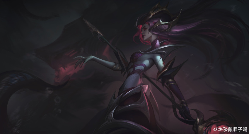1girl absurdres artist_name chinese_commentary closed_mouth coven_nami from_side glowing glowing_eyes hair_ornament highres holding holding_wand league_of_legends lipstick long_hair makeup nami_(league_of_legends) ni_youshun official_alternate_costume official_alternate_hairstyle outdoors purple_eyes red_eyes signature solo tentacles wand
