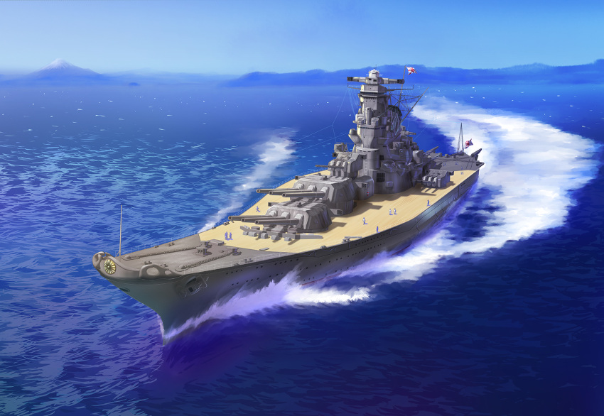 anchor blue_sky cannon emblem flag highres imperial_japanese_navy japanese_flag military mountainous_horizon musashi_(battleship) no_humans ocean radio_antenna real_life realistic ship sky tower turret water watercraft world_war_ii