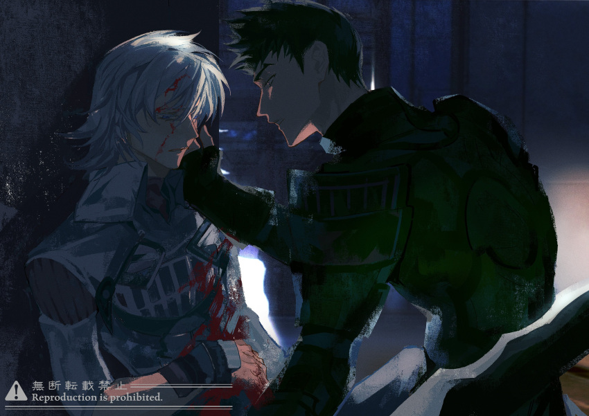 2boys absurdres armor black_eyes black_hair blood blood_on_clothes blood_on_face closed_eyes closed_mouth hand_on_another's_cheek hand_on_another's_face highres jin_(xenoblade) male_focus malos_(xenoblade) medium_hair multiple_boys night night_sky outdoors raininmoradain short_hair sky spiked_hair white_hair xenoblade_chronicles_(series) xenoblade_chronicles_2 yaoi