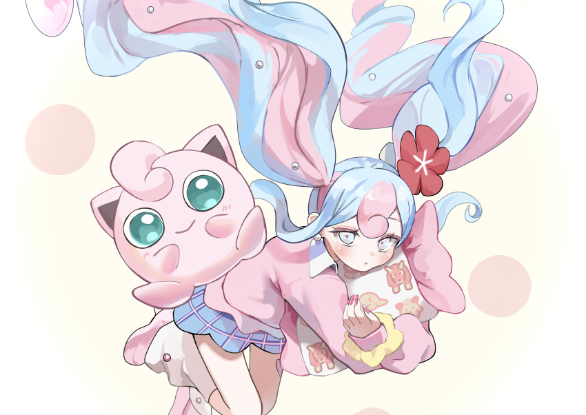 1girl absurdres blue_eyes collared_sweater earrings flower food green_eyes hair_flower hair_ornament hatsune_miku highres jewelry jigglypuff mebuki_(moon_angel_4) multicolored_hair plaid plaid_skirt pokemon pudding red_nails skirt twintails two-tone_hair vocaloid white_footwear