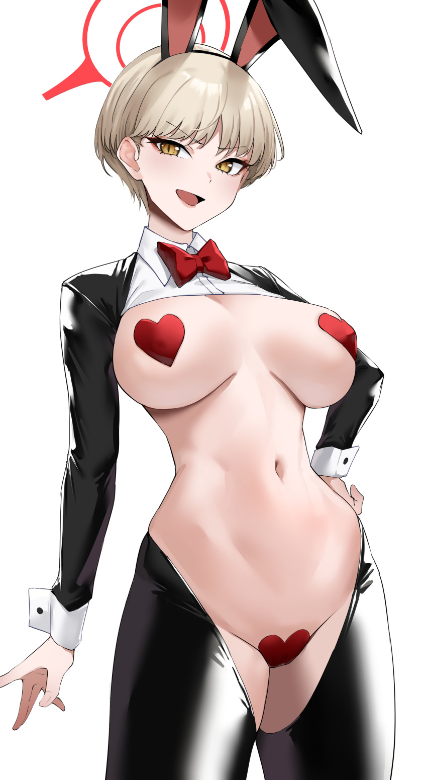 1girl absurdres animal_ears blonde_hair blue_archive breasts breasts_apart cowboy_shot halo hand_on_own_hip highres large_breasts looking_at_viewer marina_(blue_archive) meme_attire mitsukichi navel open_mouth pasties rabbit_ears red_halo reverse_bunnysuit reverse_outfit short_hair simple_background smile solo tsurime white_background wrist_cuffs yellow_eyes