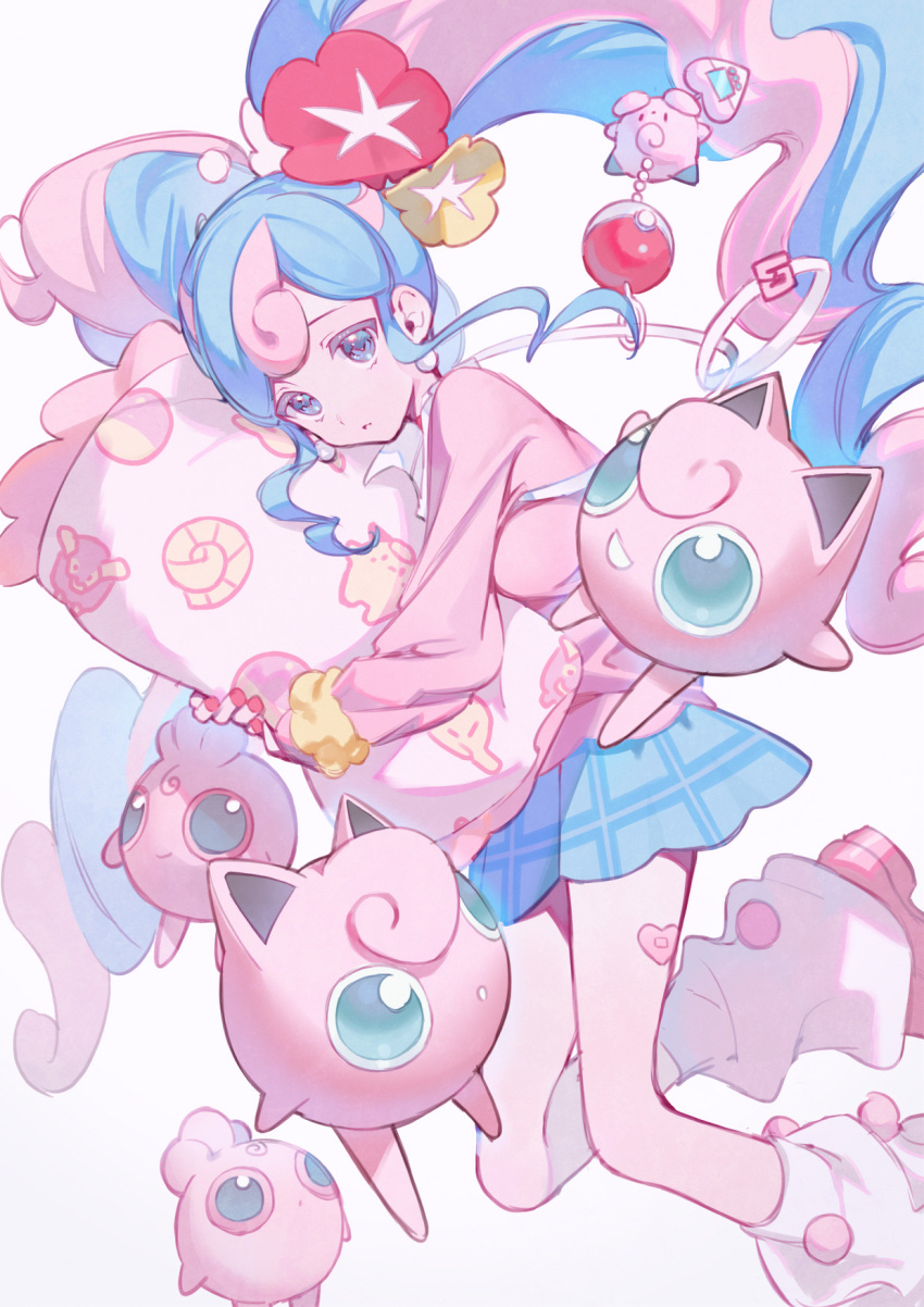 1girl amana_(pocketkey) blue_skirt bull_sprite_(pokemon) cardigan clefairy_sprite_(pokemon) earrings fairy_miku_(project_voltage) flower fossil_sprite_(pokemon) hair_flower hair_ornament hatsune_miku highres igglybuff jewelry jigglypuff leg_warmers long_hair looking_at_viewer multicolored_hair pink_cardigan pink_footwear poke_ball pokemon pokemon_(creature) project_voltage scrunchie skirt twintails two-tone_hair very_long_hair vocaloid white_background wrist_scrunchie