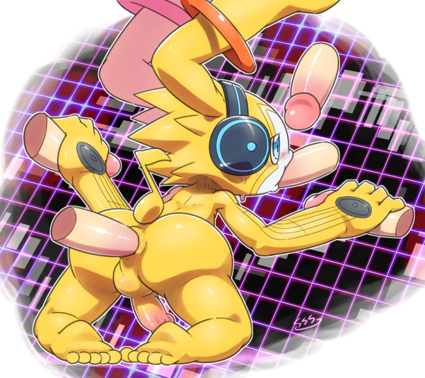 anal anthro appmon appmon_(species) backsack balls bandai_namco digimon digimon_(species) disembodied_penis dolphin_ofuro erection fellatio gangbang genitals group group_sex handjob headphones male male/male male_penetrated male_penetrating male_penetrating_male musimon oral penetration penile penis sex spitroast yellow_body