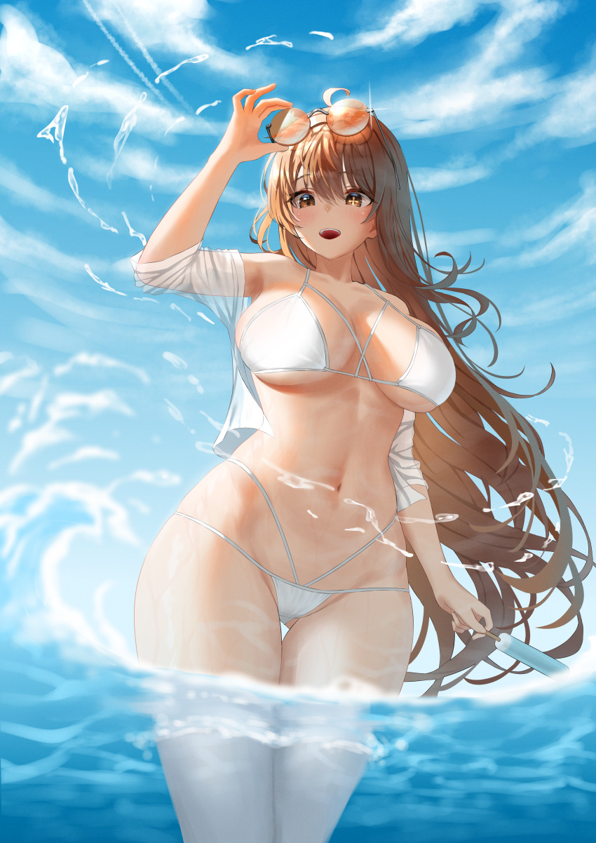 1girl :d absurdres adjusting_eyewear arm_up ass_visible_through_thighs bikini blue_sky blush breasts brown_eyes brown_hair cloud commission day eyewear_on_head grape_ade_(cardslash2001) hand_on_eyewear highres large_breasts long_hair mismatched_pupils navel off_shoulder open_mouth orange-tinted_eyewear original outdoors shirt sky smile solo splashing stomach sunglasses swimsuit symbol-shaped_pupils thighs tinted_eyewear very_long_hair wading water white_bikini white_shirt