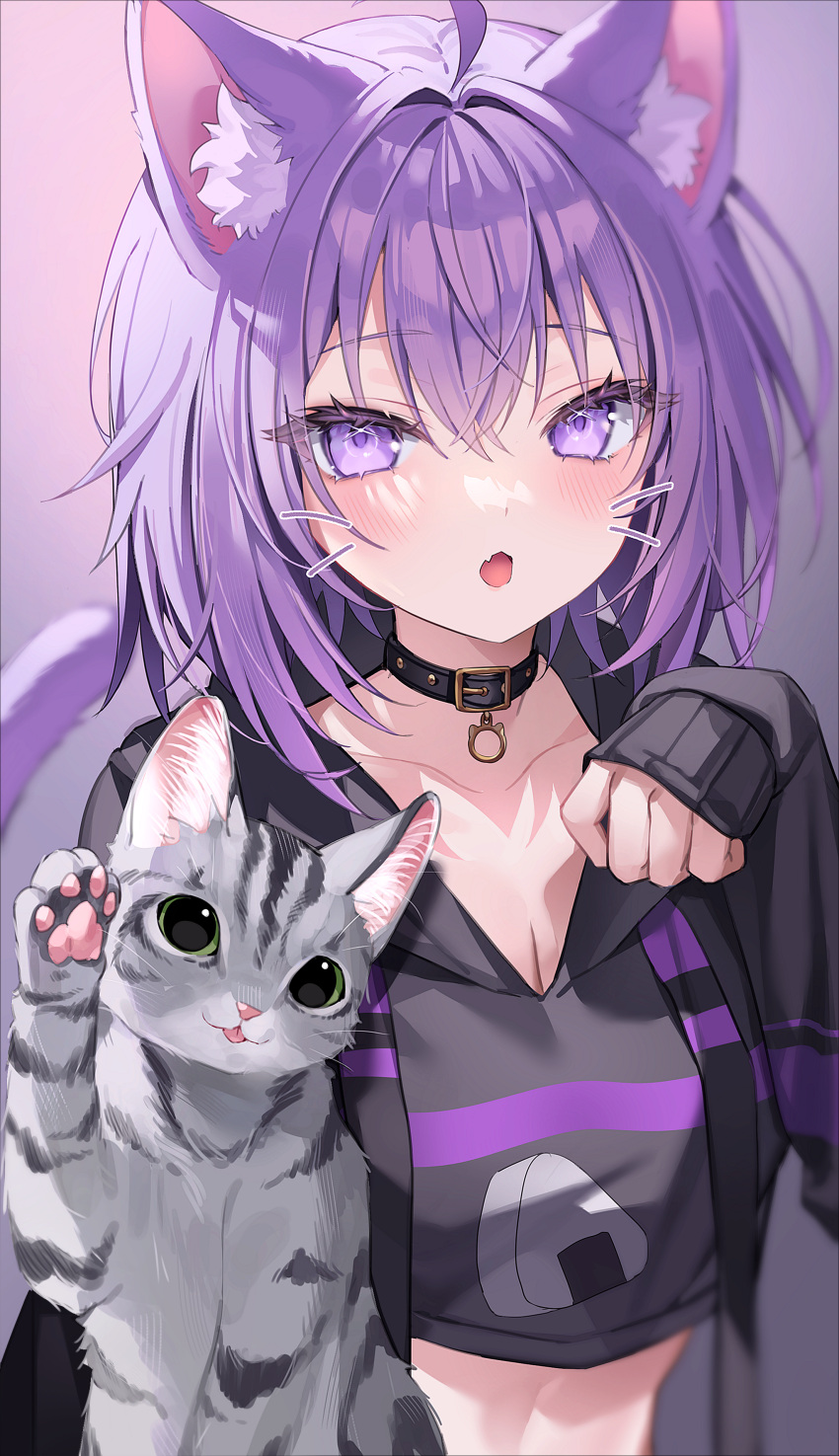 1girl absurdres ahoge animal_ear_fluff animal_ears black_collar black_hoodie blush cat cat_ears cat_girl cat_tail collar commentary_request cropped_hoodie drawn_whiskers fang hair_between_eyes highres hololive hood hoodie kithera long_sleeves looking_at_viewer nekomata_okayu nekomata_okayu_(1st_costume) onigiri_print open_mouth paw_pose purple_eyes purple_hair short_hair skin_fang sleeves_past_wrists solo tail upper_body virtual_youtuber