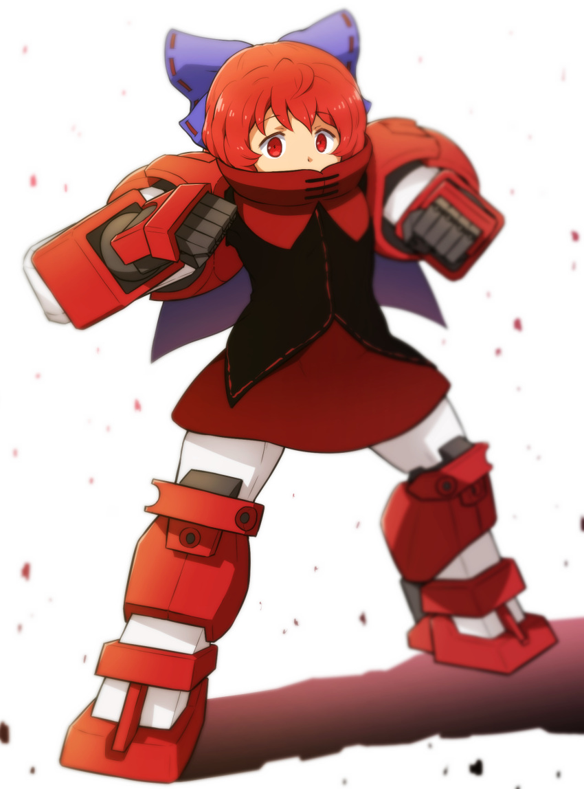 1girl black_shirt blue_bow bow commentary_request covered_mouth full_body gundam gundam_age hair_bow highres looking_at_viewer red_eyes red_hair red_skirt sekibanki shirosato shirt skirt solo standing touhou white_background