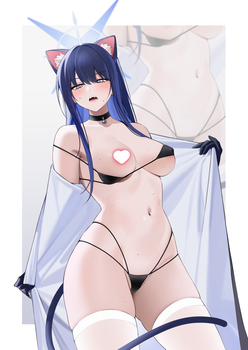 1girl alternate_costume animal_ears bechu bikini black_bikini black_choker black_hair blue_archive blue_eyes blue_hair blue_halo blush breasts cat_ears censored choker colored_inner_hair halo heart heart_censor highres long_hair looking_at_viewer medium_breasts multicolored_hair navel open_mouth revision saori_(blue_archive) solo stomach swimsuit thighhighs white_thighhighs zoom_layer