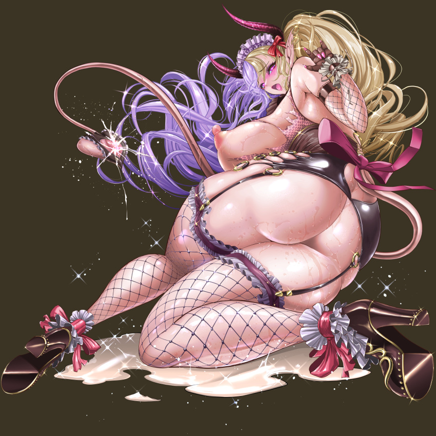 1:1 areola armwear big_breasts blonde_hair bodily_fluids breasts butt clothed clothing cum demon demon_humanoid digital_media_(artwork) dulcieze_(eden's_ritter_grenze) eden's_ritter_grenze female fishnet fishnet_armwear fishnet_legwear footwear genital_fluids hair hi_res high_heels horn horned_humanoid huge_breasts humanoid legwear leotard monster_girl_(genre) naglfar nipples not_furry nude pink_eyes purple_hair pussy_juice solo spade_tail succubus tail thick_thighs wings