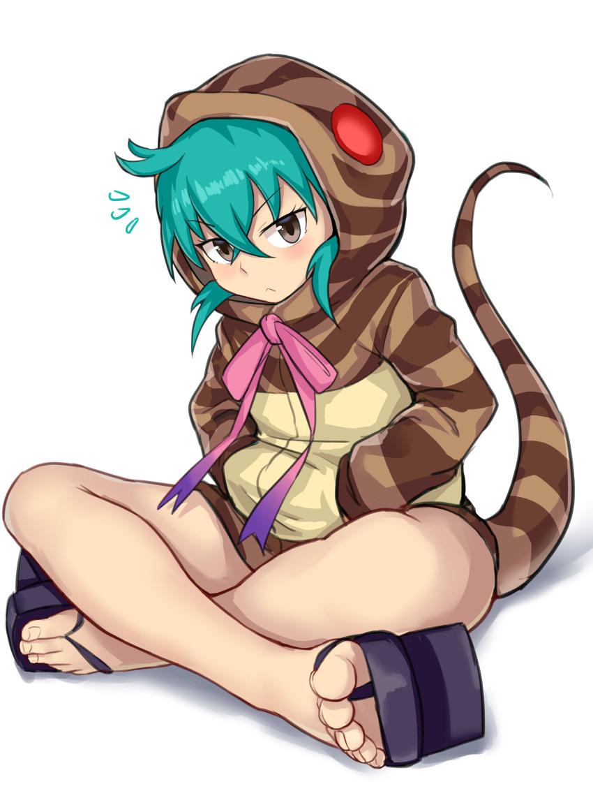 1girl :&lt; absurdres animal_hood aomoro aqua_hair bare_legs blue_ribbon blush brown_eyes closed_mouth crossed_bangs feet full_body geta glowing gradient_neck_ribbon gradient_ribbon hair_between_eyes hands_in_pockets highres hood hood_up hoodie indian_style kemono_friends long_sleeves looking_at_viewer neck_ribbon notice_lines pink_ribbon ribbon short_hair sitting snake_hood snake_tail solo striped striped_hoodie striped_tail tail toenails toes tsuchinoko_(kemono_friends) variant_set white_background