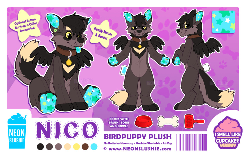 2016 anthro blep canid canine collar english_text male mammal model_sheet multiple_poses neonslushie nico_(neonslushie) plushie pose sitting solo standing text tongue tongue_out wings