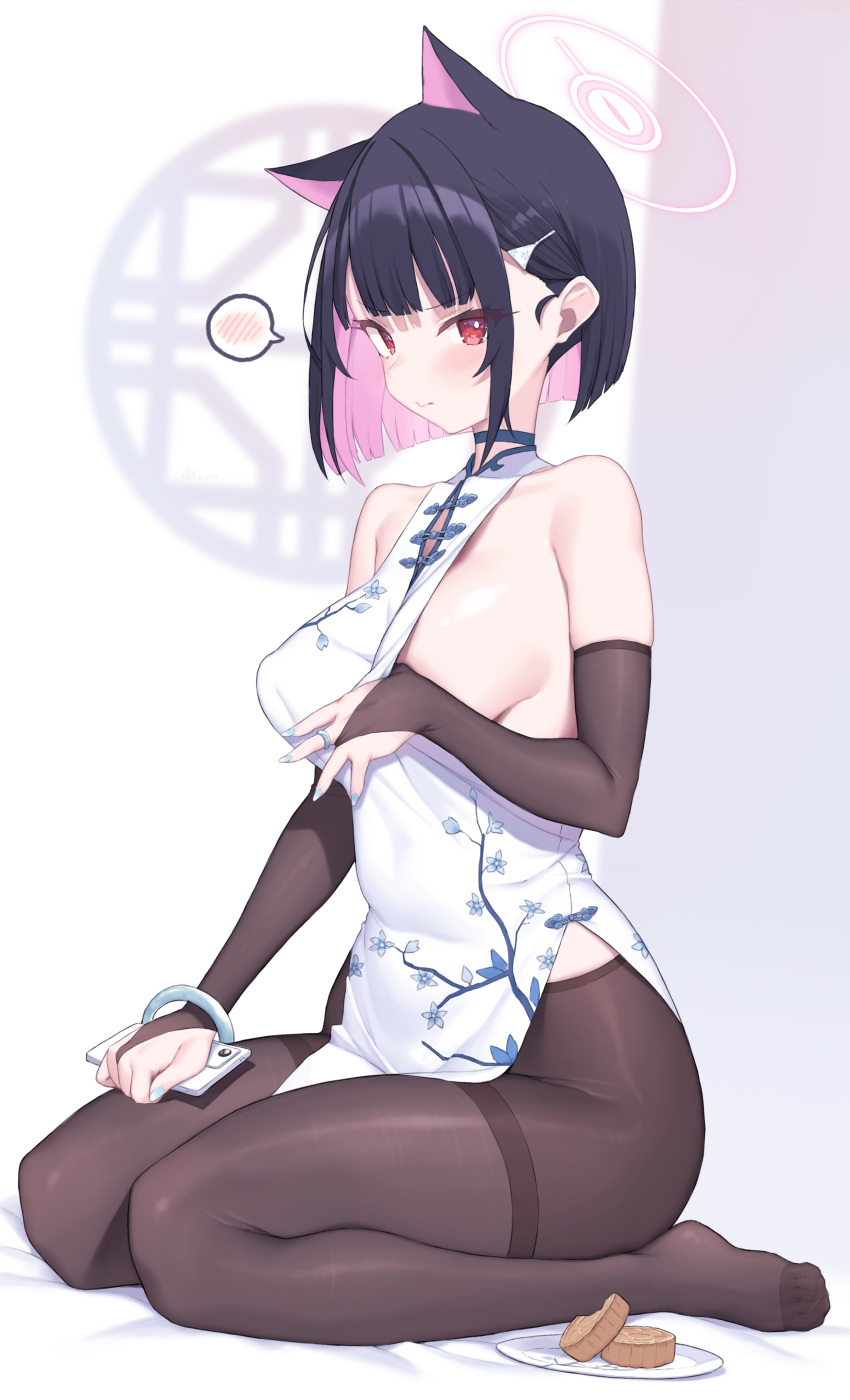 1girl absurdres animal_ears bare_shoulders black_hair blue_archive blue_nails blush bracelet breasts bridal_gauntlets cat_ears china_dress chinese_clothes choker cloba colored_inner_hair dress extra_ears food hair_ornament hairclip halo highres holding holding_phone jewelry kazusa_(blue_archive) large_breasts looking_at_viewer multicolored_hair pantyhose pelvic_curtain phone pink_hair print_dress red_eyes ring short_hair side_slit sideboob sitting sleeveless sleeveless_dress solo spoken_blush thighband_pantyhose two-tone_hair wariza
