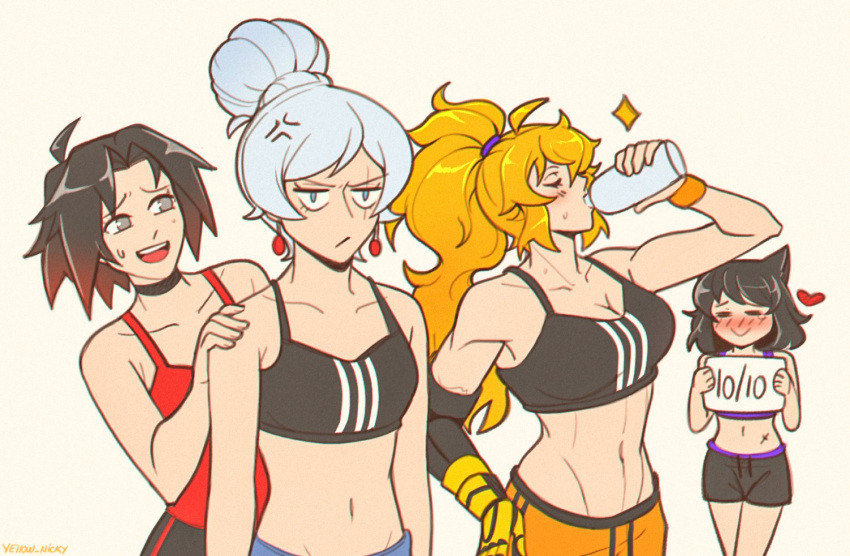 4girls ahoge anger_vein animal_ears black_hair blake_belladonna blonde_hair blush bottle cat_ears cat_girl earrings grey_eyes hair_bun heart jewelry multiple_girls navel open_mouth ponytail ruby_rose rwby scar scar_across_eye short_hair shorts smile sports_bra teeth tongue water_bottle weiss_schnee yang_xiao_long yellow_nicky