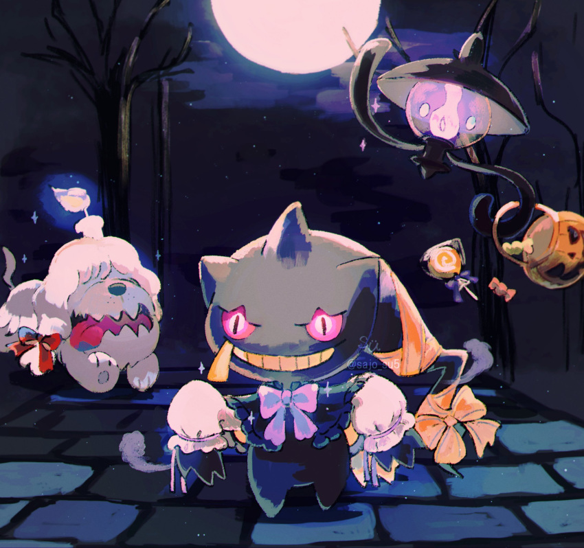 banette bow bowtie candle candy commentary_request dog food freckles ghost greavard grin highres jack-o'-lantern lamp lampent looking_at_viewer moon night night_sky no_humans pokemon pokemon_(creature) purple_bow purple_bowtie purple_eyes red_bow red_bowtie sky smile star_(sky) su_(sajo_su5) tongue tongue_out tree yellow_bow yellow_bowtie