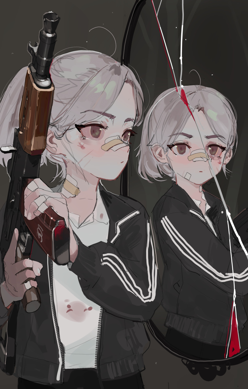 2girls absurdres aks-74u assault_rifle bandage_on_finger bandage_on_neck bandages bandaid bandaid_on_face bandaid_on_nose black_track_suit blood gun highres kalashnikov_rifle multiple_girls original polilla rifle scratches trigger_discipline weapon white_hair