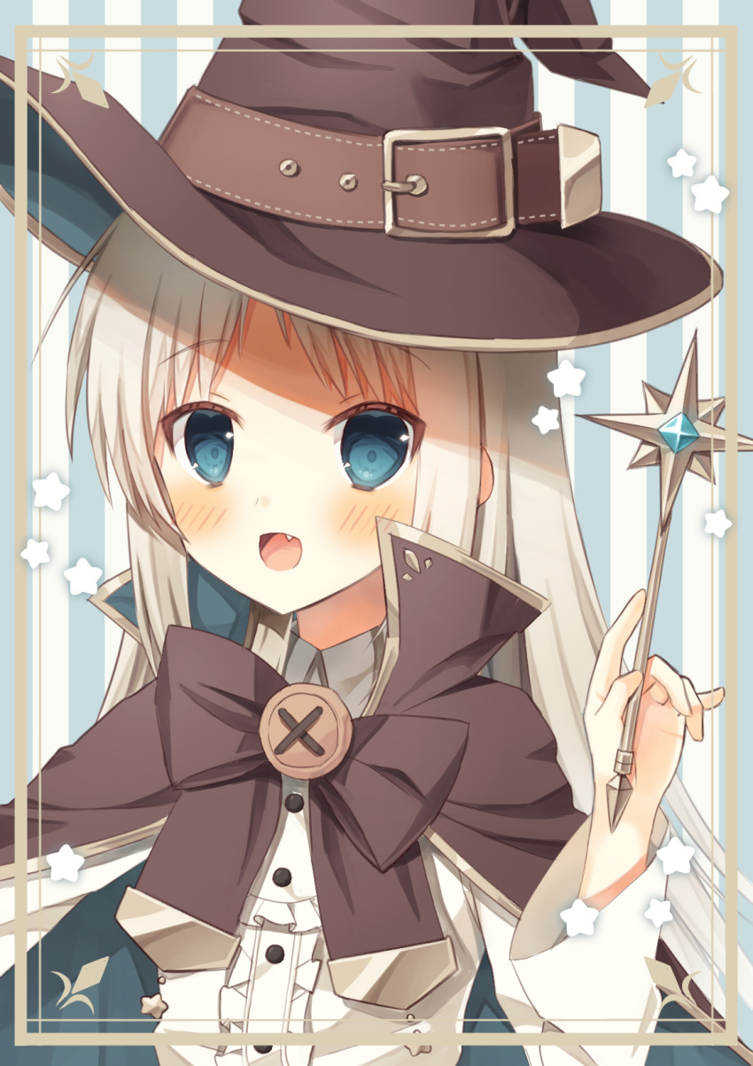 1girl :d alternate_costume belt blue_eyes blush bow brown_belt brown_bow brown_cloak brown_headwear center_frills cloak commentary_request fang frills grey_hair hand_up haruchimo hat hat_belt highres holding holding_wand little_busters! long_hair long_sleeves looking_at_viewer noumi_kudryavka open_mouth paid_reward_available parted_bangs shirt simple_background smile solo star_(symbol) straight_hair striped striped_background upper_body very_long_hair wand white_shirt witch_hat