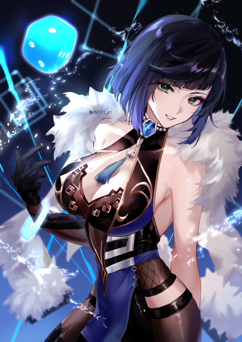 1girl arm_behind_back armpit_crease bare_shoulders black_gloves black_hair black_thighhighs blue_dress blue_hair bob_cut bodysuit bracelet breasts brooch cleavage cleavage_cutout clothing_cutout contrapposto cowboy_shot dice dress dutch_angle elbow_gloves feather_boa fishnet_bodysuit fishnets genshin_impact gloves gradient_hair green_eyes grin highres jewelry kity1211_tetsu large_breasts looking_at_viewer mole mole_on_breast multicolored_hair necklace open_mouth pelvic_curtain short_hair sidelocks single_elbow_glove sleeveless sleeveless_dress smile solo thighhighs yelan_(genshin_impact)