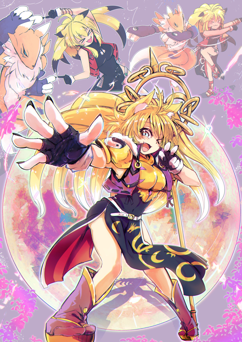 2girls absurdres armor black_gloves blonde_hair blue_eyes blush breasts closed_eyes digimon digimon_(creature) fingerless_gloves fusion fusion_dance gattai gloves highres icarus_(2010741) large_breasts long_hair medium_breasts multiple_girls multiple_views nail_polish open_mouth renamon sakuyamon staff super_robot_wars super_robot_wars_og_saga_mugen_no_frontier xiaomu