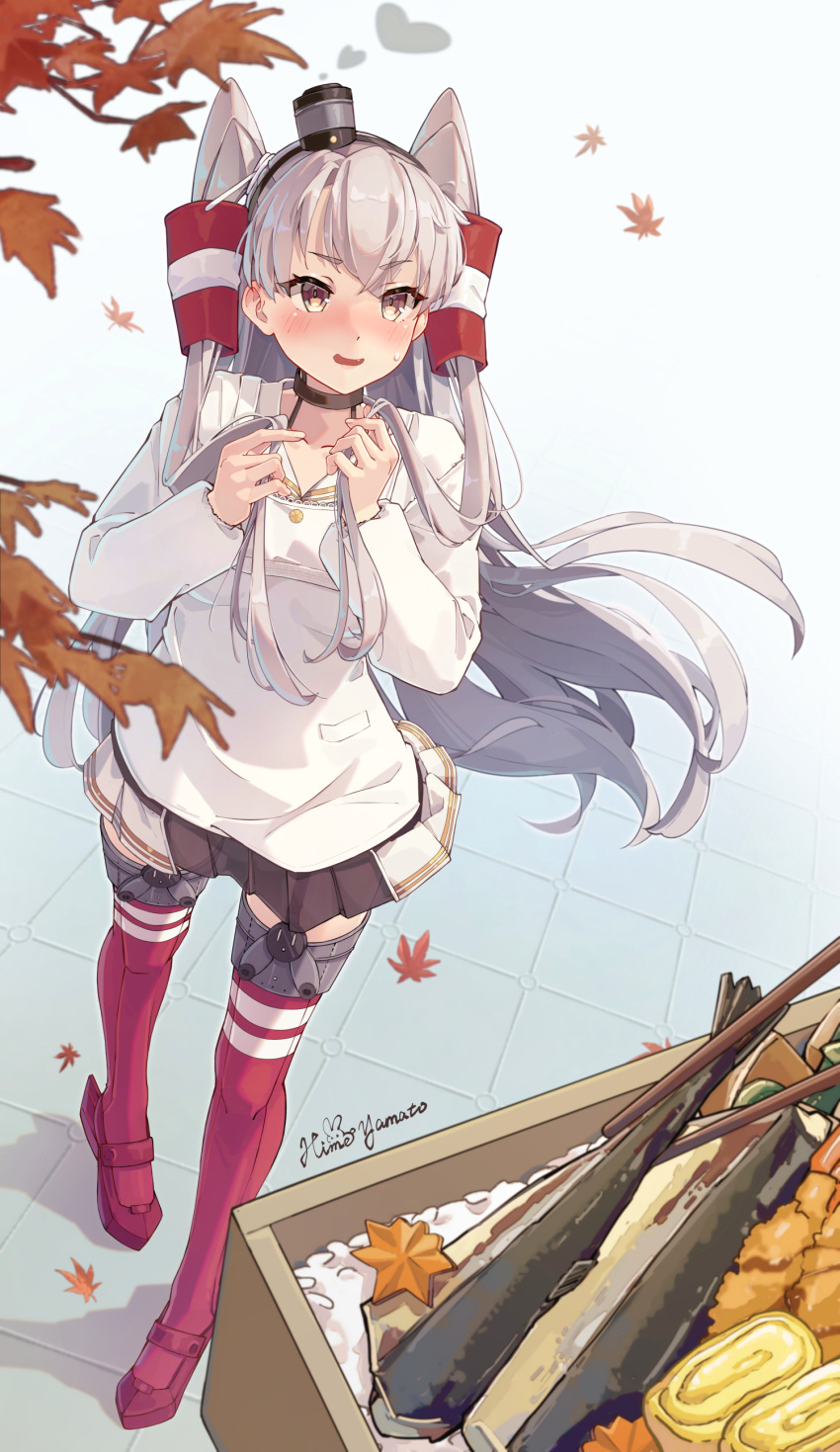 1girl absurdres amatsukaze_(kancolle) artist_name autumn_leaves blush collarbone commentary_request dress fang fish food grey_hair hair_tubes highres himeyamato kantai_collection leaf long_hair long_sleeves maple_leaf omelet open_mouth red_thighhighs revision rice rudder_footwear saury signature solo tamagoyaki thighhighs two_side_up white_dress yellow_eyes
