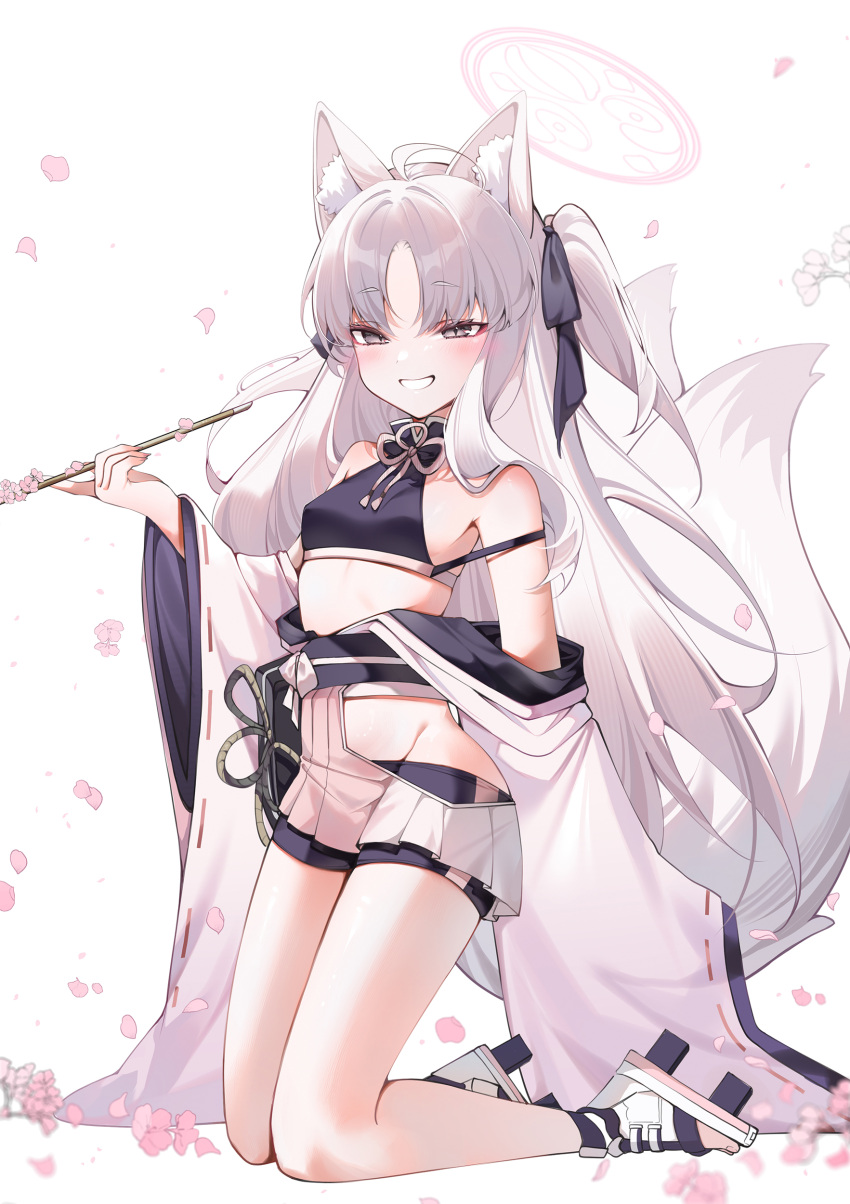 1girl absurdres ahoge animal_ear_fluff animal_ears bare_shoulders black_sports_bra blue_archive blush breasts eyeshadow fox_ears fox_girl fox_tail grey_eyes grey_hair grin halo highres japanese_clothes kimono kneeling kuzunoha_(blue_archive) long_hair long_sleeves looking_at_viewer makeup miniskirt multiple_tails navel obi off_shoulder parted_bangs pleated_skirt red_eyeshadow sash skirt smile smoking_pipe solo sports_bra tail white_kimono white_skirt wide_sleeves yukineko1018