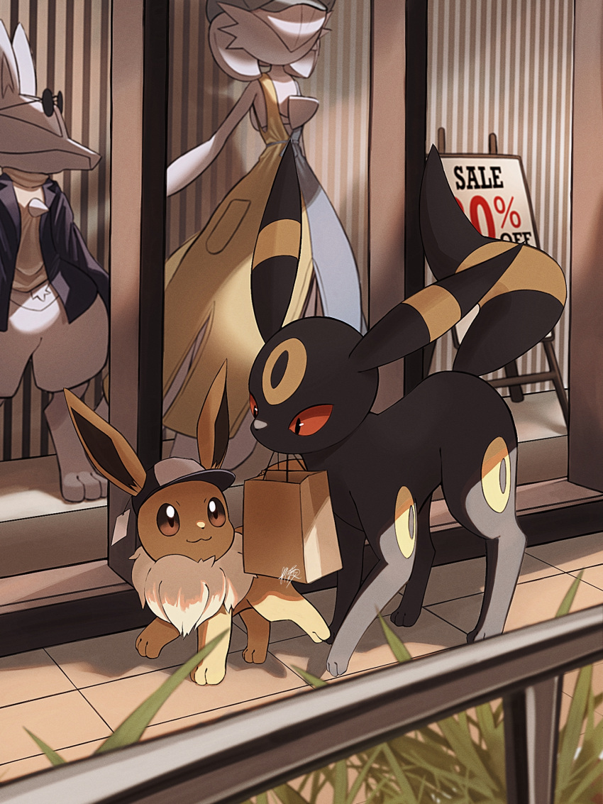 :3 bag closed_mouth clothes commentary_request eevee fence hat highres kuchiba_(jret2454) looking_down mouth_hold no_humans paper_bag pokemon pokemon_(creature) sale signature smile standing tile_floor tiles umbreon walking