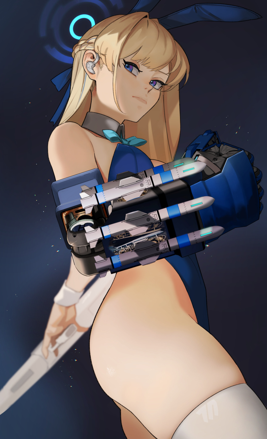 1girl absurdres animal_ears aqua_bow aqua_bowtie blonde_hair blue_archive blue_eyes blue_leotard bow bowtie braid breasts clenched_hand closed_mouth detached_collar earpiece fake_animal_ears gloves halo highleg highleg_leotard highres hong_doo leotard looking_at_viewer official_alternate_costume playboy_bunny rabbit_ears small_breasts solo strapless strapless_leotard thighhighs toki_(blue_archive) toki_(bunny)_(blue_archive) white_thighhighs
