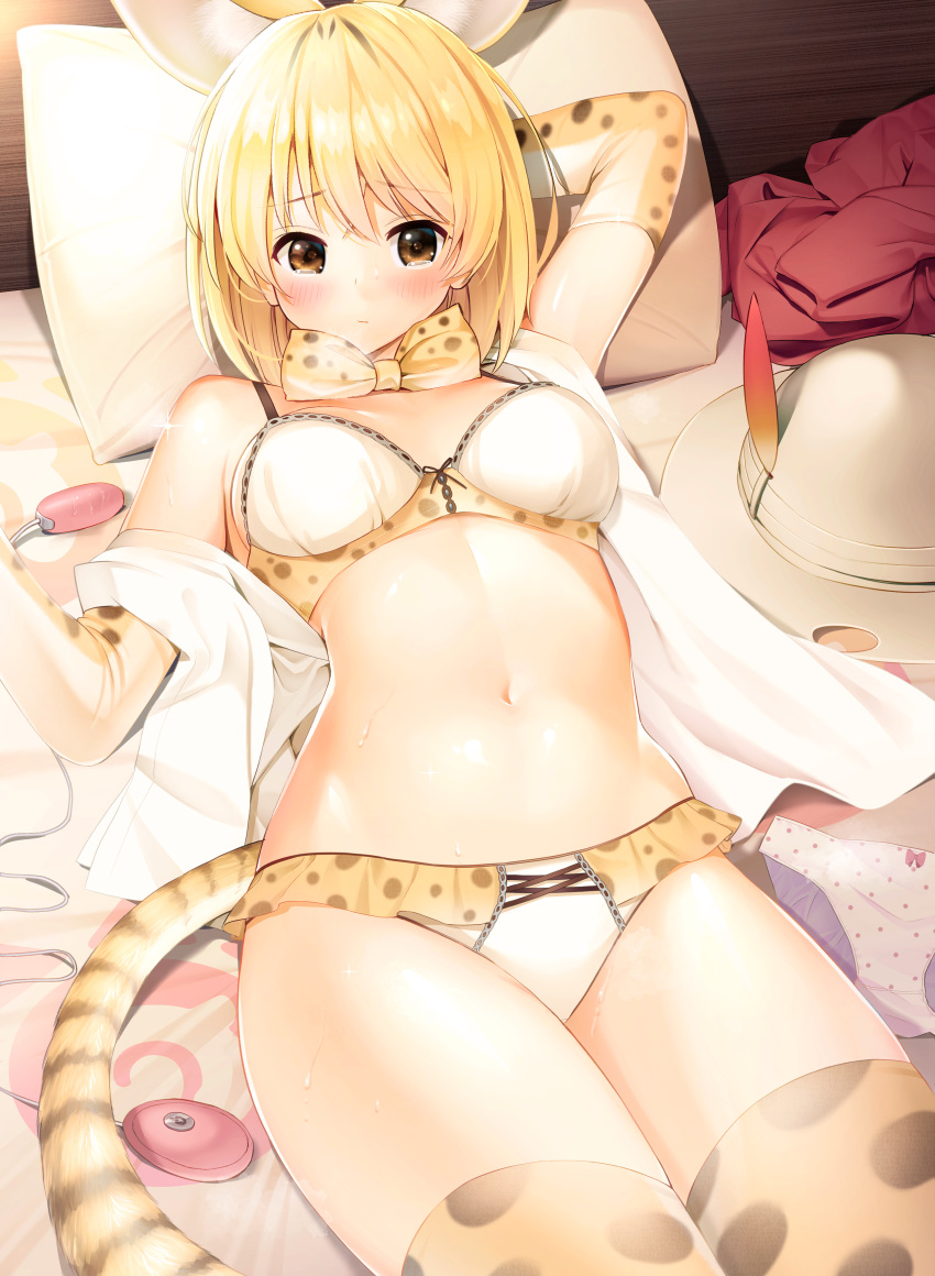 1girl absurdres animal_ears arm_behind_head blonde_hair blue_panties bow bow_panties bowtie bra breasts breath brown_eyes closed_mouth egg_vibrator elbow_gloves gloves hat hat_feather hat_removed headwear_removed highres hirama kemono_friends linea_alba looking_at_viewer lying medium_breasts navel off_shoulder on_back open_clothes open_shirt panties panty_pull pillow polka_dot polka_dot_panties print_bow print_bowtie serval_(kemono_friends) serval_print sex_toy shirt solo sparkle steaming_body sweat tail tears thighhighs traditional_bowtie underwear vibrator white_bra white_headwear white_panties white_shirt
