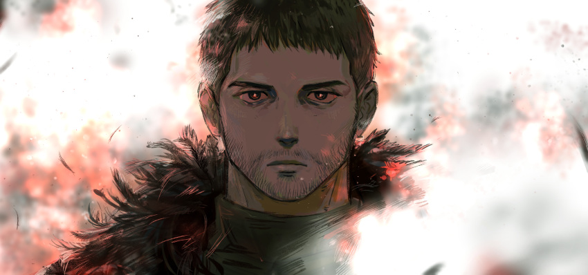 1boy absurdres beard black_hair brown_hair chris_redfield closed_mouth facial_hair feather_collar feather_trim highres kuconoms looking_at_viewer male_focus mature_male resident_evil resident_evil_5 shirt short_hair sideburns solo stubble