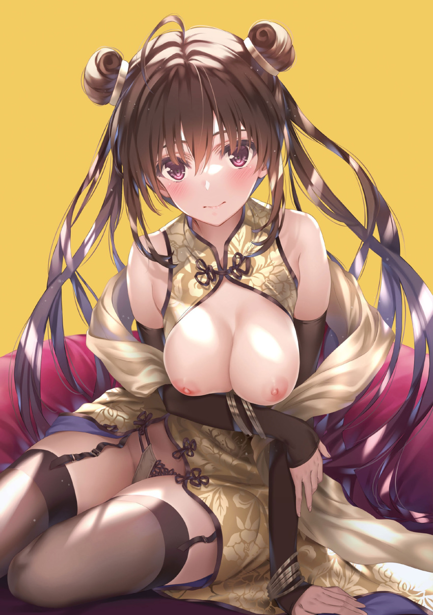 1girl absurdres ahoge arm_support bare_shoulders blush bracelet breasts brown_eyes brown_hair china_dress chinese_clothes closed_mouth comic_aun double_bun dress earrings fingernails floral_print garter_straps hair_bun highres jewelry lips long_hair looking_at_viewer medium_breasts misaki_kurehito nipples panties purple_eyes simple_background sitting sleeveless thighhighs tougetsu_matsuri twintails underwear