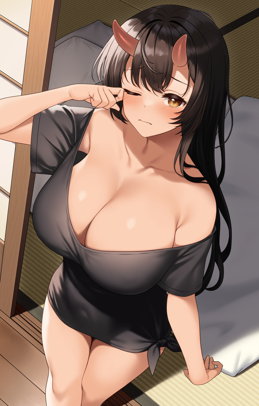 1girl absurdres bare_shoulders black_hair blanket blush breasts brown_eyes cleavage closed_mouth collarbone commentary_request covered_navel enjo_kouhai futon highres horns huge_breasts long_hair looking_at_viewer one_eye_closed oni oni_horns origamine_ouka oversized_clothes oversized_shirt rubbing_eyes shirt short_sleeves skin-covered_horns sleepy sliding_doors solo takunomi very_long_hair waking_up