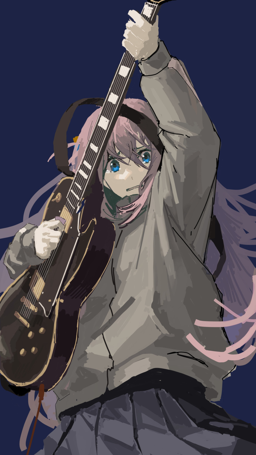 1girl absurdres arm_up black_skirt blue_background blue_eyes bocchi_the_rock! cable chinese_commentary commentary_request cowboy_shot electric_guitar floating_hair furrowed_brow gibson_les_paul gotou_hitori grey_jacket grimace guitar hand_up high_collar highres holding holding_instrument instrument jacket long_hair long_sleeves looking_at_viewer music muted_color nervous one_side_up pink_hair playing_instrument pleated_skirt simple_background skirt solo tearing_up track_jacket zxjv