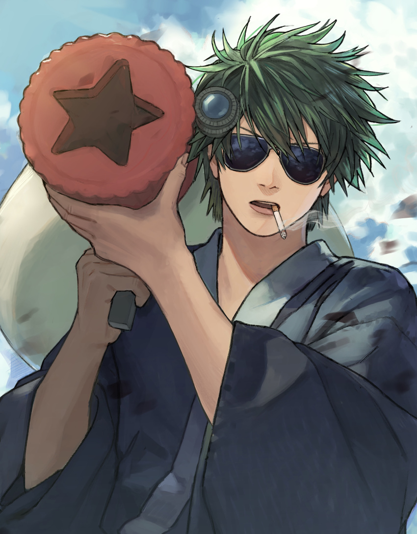 1boy absurdres cigarette cloud cloudy_sky commentary_request day fukuo_kidney gintama highres hijikata_toushirou holding holding_rocket_launcher japanese_clothes kimono male_focus official_alternate_costume outdoors sky smoke smoking solo sunglasses upper_body
