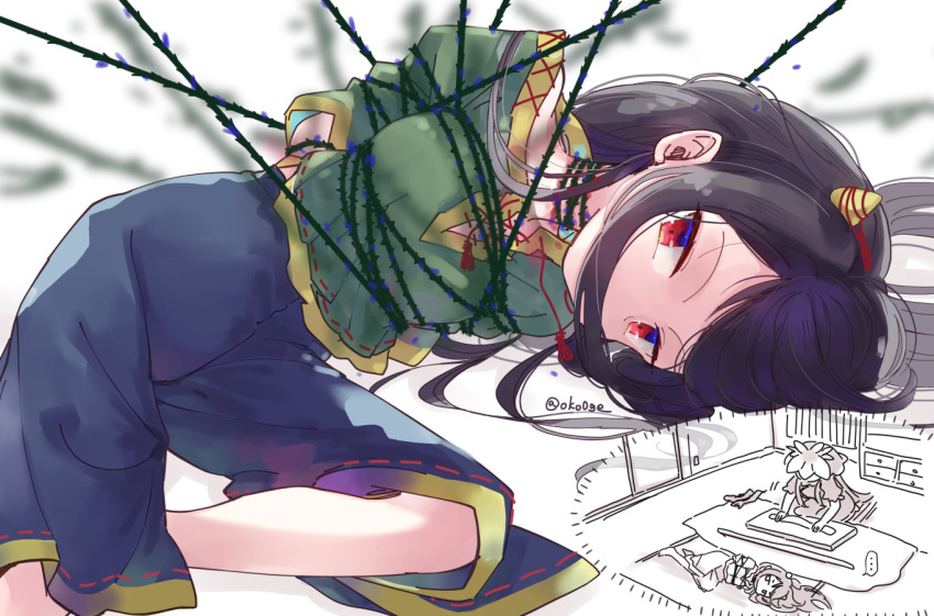 ... 2girls bdsm biyon black_hair blue_shorts bondage bound green_shirt horns long_hair multiple_girls multiple_views nippaku_zanmu oni_horns plant red_eyes restrained shirt shorts spoken_ellipsis touhou twitter_username vines yomotsu_hisami