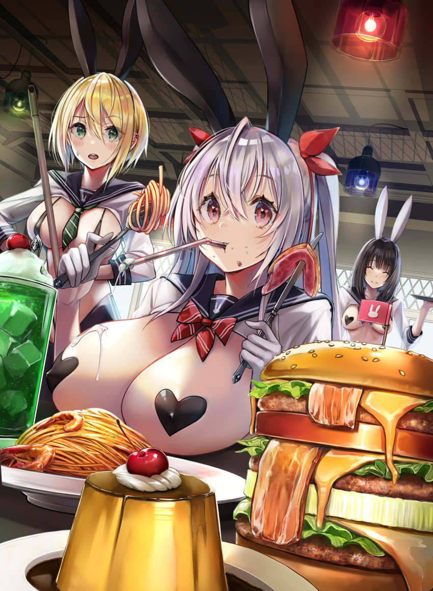 3girls animal_ears bendy_straw black_hair blonde_hair bow bowtie breasts burger cover_image covered_nipples cream_on_breasts drinking_straw drinking_straw_in_mouth dutch_angle eating fake_animal_ears food food_on_face fork gloves green_eyes grey_hair hair_between_eyes hair_ribbon half_gloves heart_pasties highres holding holding_fork holding_knife indoors knife large_breasts long_hair looking_at_viewer mappaninatta meme_attire mini_flag multiple_girls original pasties plate pudding rabbit_ears red_bow red_bowtie red_eyes red_ribbon revealing_clothes reverse_bunnysuit reverse_outfit ribbon sailor_collar short_hair sidelocks smile spagetti striped striped_bow striped_bowtie twintails white_gloves