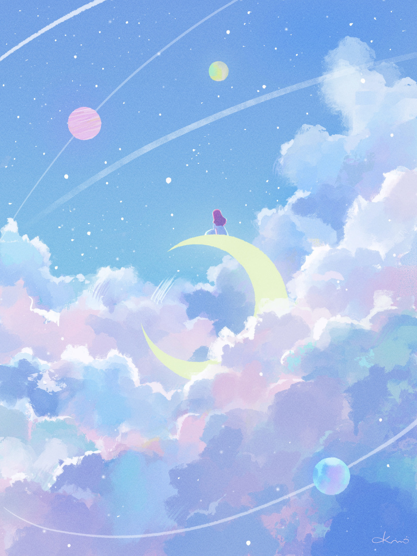 1girl above_clouds absurdres artist_name cloud commentary_request crescent_moon dress facing_away from_behind highres long_hair moon night night_sky on_crescent orbital_path original outdoors pink_hair planet short_sleeves signature sitting sky solo star_(sky) starry_sky white_dress wide_shot yuzuki_kino