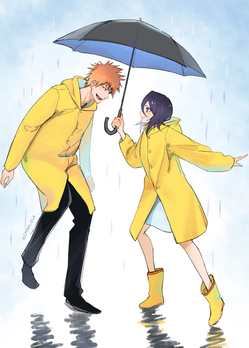 1boy 1girl black_footwear black_hair black_pants bleach cmwl_514 dress full_body highres holding holding_umbrella kuchiki_rukia kurosaki_ichigo long_sleeves looking_at_another orange_hair pants rain raincoat short_hair smile twitter_username umbrella under_umbrella white_dress yellow_footwear yellow_raincoat