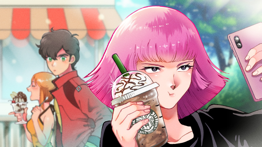 1boy 2girls black_eyes black_hair brand_name_imitation breasts bush camisole collarbone cup disposable_cup drinking_straw elpeo_puru food green_eyes gundam gundam_zz halterneck haman_karn ice_cream jacket judau_ashta medium_breasts medium_hair mugicha_(zoro1132) multiple_girls orange_camisole orange_hair pink_hair pout red_jacket selfie sparkle starbucks sundae tree