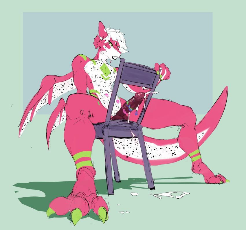 absurd_res anthro bodily_fluids chair clawed_fingers claws cum cum_on_ground dragon ejaculation elicazzz erection furniture genital_fluids hair hi_res male nude on_chair pink_body pink_skin sitting sitting_on_chair solo strawberry_pattern toe_claws white_hair