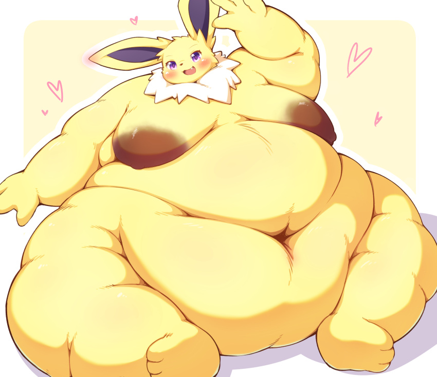 &lt;3 2023 anthro areola belly belly_overhang big_belly big_breasts big_butt blue_areola blush border breasts brown_nipples butt butt_focus butt_grab chubby_cheeks cute_fangs eeveelution eyebrows fat_rolls female fluffy fluffy_tail front_view full-length_portrait fur generation_1_pokemon gesture hand_on_butt hi_res huge_belly huge_thighs jolteon long_ears looking_at_viewer looking_back mane morbidly_obese morbidly_obese_female navel neck_tuft nintendo nipples nude obese obese_anthro obese_female open_mouth overweight overweight_anthro overweight_female pokemon pokemon_(species) portrait purple_eyes radiowave shaded simple_background sitting smile solo tail thick_thighs tuft waving wide_hips yellow_body yellow_fur
