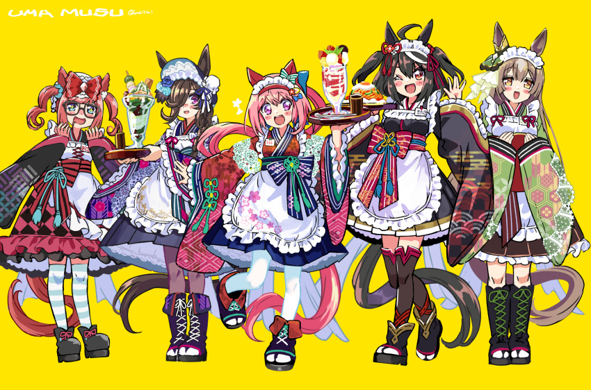 +_+ 4girls agnes_digital_(umamusume) ahoge alternate_costume alternate_hairstyle bespectacled black_hair blush boots brown_hair commentary_request enmaided glasses hair_between_eyes hair_ornament hair_over_one_eye haru_urara_(umamusume) highres kingin kitasan_black_(umamusume) looking_at_viewer maid multiple_girls one_eye_closed open_mouth pink_hair ribbon rice_shower_(umamusume) satono_diamond_(umamusume) shoes thighhighs twitter_username umamusume unconventional_maid wa_maid yellow_background