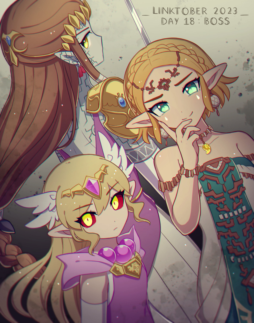 3girls absurdres back blonde_hair braid brown_hair circlet closed_mouth crown_braid dress earrings elbow_gloves enni evil_eyes evil_smile facial_tattoo gloves gold_armor green_dress green_eyes hand_up highres jewelry looking_at_viewer magatama magatama_necklace multicolored_clothes multicolored_dress multiple_girls neck_tattoo necklace pink_dress pointy_ears princess_zelda puppet_zelda purple_dress shadow short_hair shoulder_pads sleeveless sleeveless_dress smile strapless strapless_dress tattoo teardrop teardrop_facial_mark the_legend_of_zelda the_legend_of_zelda:_spirit_tracks the_legend_of_zelda:_tears_of_the_kingdom the_legend_of_zelda:_twilight_princess tiara toon_zelda white_dress white_gloves yellow_eyes