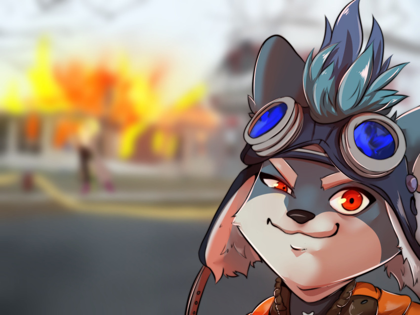 anthro blue_body blue_fur brewster_(dislyte) building canid canine canis clothing detailed_background digital_drawing_(artwork) digital_media_(artwork) dislyte domestic_dog eyewear fire_engine fur goggles house looking_at_viewer lukiro male mammal meme multicolored_body multicolored_fur red_eyes smile smug solo truck_(vehicle) vehicle