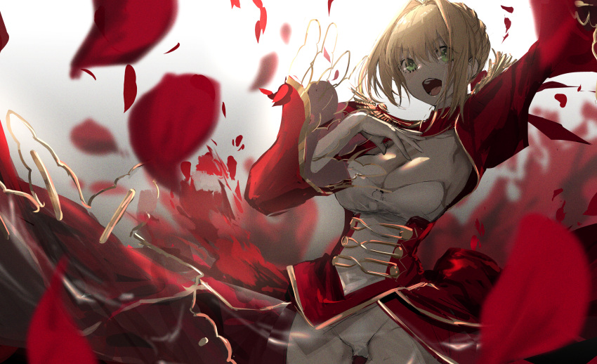 1girl arm_up blonde_hair blurry blurry_background blush braid braided_bun breasts cleavage coat commentary_request cowboy_shot dress epaulettes falling_petals fate/extra fate/grand_order fate_(series) film_grain green_eyes grey_background hair_bun hair_intakes hand_on_own_chest highres large_breasts leotard long_sleeves looking_at_viewer narue nero_claudius_(fate) nero_claudius_(fate/extra) open_mouth petals red_coat red_dress see-through see-through_dress short_hair single_hair_bun smile solo strapless strapless_leotard v-shaped_eyebrows white_leotard wide_sleeves wind wind_lift