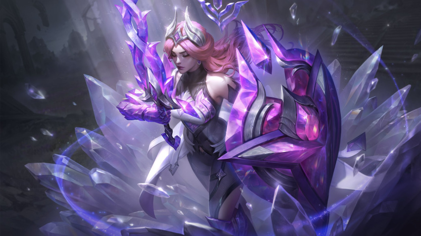 1girl artist_request bare_shoulders blonde_hair boots braid breasts closed_eyes crystal earrings floating gauntlets gem_hair_ornament highres holding holding_shield holding_sword holding_weapon jewelry knee_boots league_of_legends leona_(league_of_legends) long_hair medium_breasts outdoors pink_lips ruins second-party_source shield solo stairs sword weapon