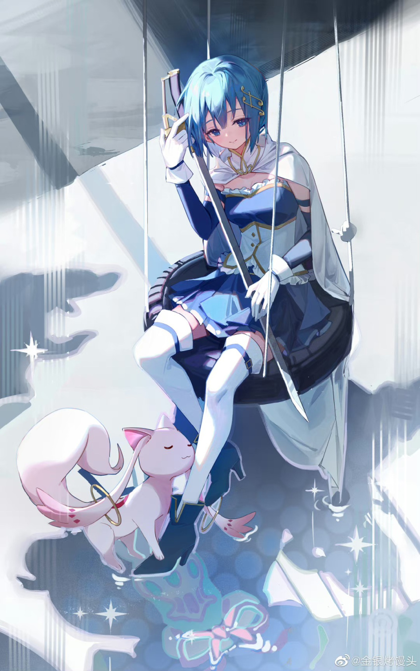 1girl abstract_background blue_eyes blue_footwear blue_hair blue_skirt bodice cape creature detached_sleeves frills from_above full_body hair_ornament hand_up high_heels highres holding holding_sword holding_weapon jinyin_kao_mantou kyubey magical_girl mahou_shoujo_madoka_magica miki_sayaka musical_note musical_note_hair_ornament oktavia_von_seckendorff short_hair sitting skirt smile solo sparkle swing sword thighhighs tire_swing weapon weibo_logo weibo_username white_blood white_cape white_thighhighs