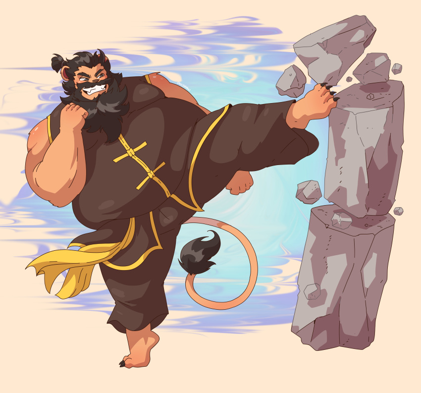 absurd_res action_pose anthro asian_clothing beard belly big_arms big_legs big_moobs breaking_concrete brown_hair catfolk chinese_clothing clothing concrete docdraw_(artist) east_asian_clothing facial_hair felid fur hair hasbro hi_res huge_belly kick koto_(yissnakkjr) leonin lion magic:_the_gathering male mammal moobs pantherine plantigrade ponytail pose pubes raised_leg slightly_chubby solo strongfat tail teeth thick_thighs wizards_of_the_coast