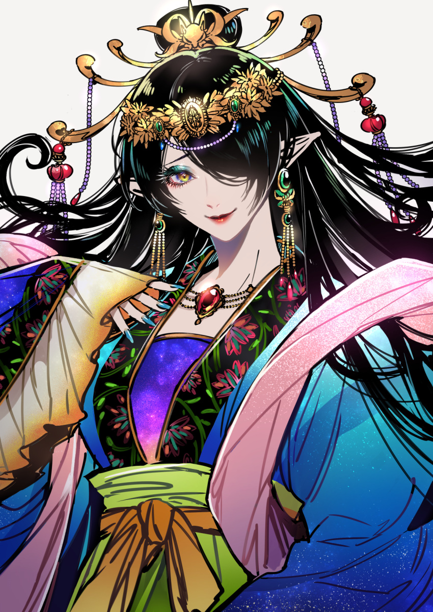 1girl black_hair blue_nails chinese_clothes closed_mouth daji_(hoozuki_no_reitetsu) earrings fingernails gem hair_ornament hair_over_one_eye hand_up highres hoozuki_no_reitetsu jewelry lipstick long_hair looking_at_viewer makeup nail_polish one_eye_covered pink_sash pointy_ears red_gemstone red_lips sash simple_background sleeves_past_wrists smile tenobe upper_body very_long_hair white_background wide_sleeves yellow_eyes