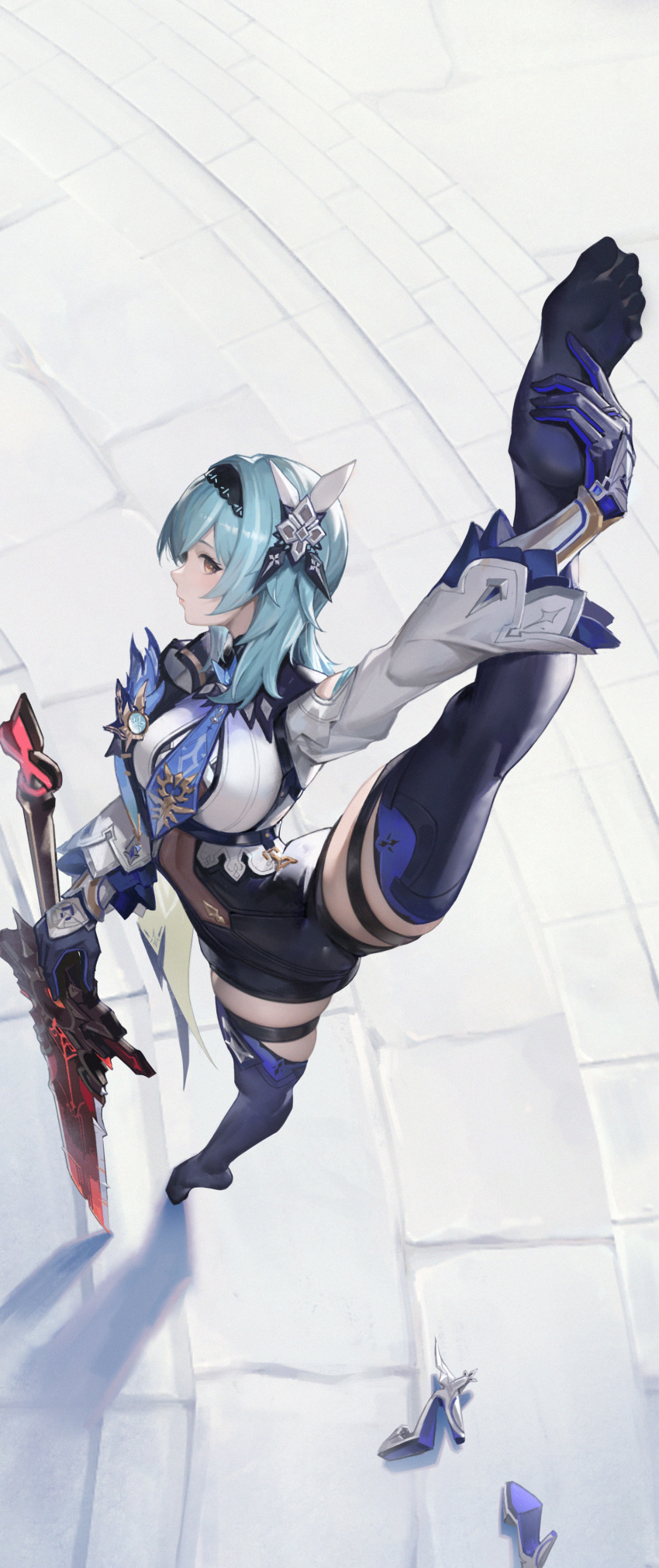 1girl absurdres arched_back black_hairband black_headband blue_gloves blue_hair blue_necktie blue_thighhighs butterfly_hair_ornament commentary_request eula_(genshin_impact) feet flexible from_above full_body genshin_impact gloves greatsword hair_ornament hairband hand_on_own_foot headband high-waist_shorts highres le_(huanglongen) legs looking_at_viewer medium_hair necktie outdoors shoes shoes_removed shorts solo split standing standing_on_one_leg standing_split sword thighhighs tiptoes toes vision_(genshin_impact) weapon wolf's_gravestone_(genshin_impact)