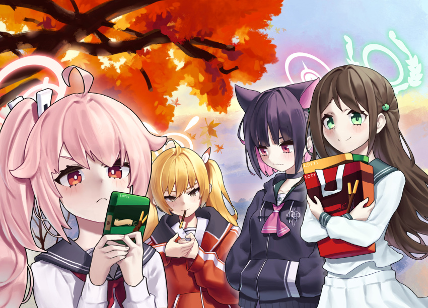 4girls after-school_sweets_club_(blue_archive) ahoge airi_(blue_archive) animal_ears autumn autumn_leaves black_hair black_jacket black_sailor_collar blonde_hair blue_archive brown_hair cat_ears closed_mouth colored_inner_hair food green_eyes green_halo halo hands_in_pocket highres hood hooded_jacket jacket kazusa_(blue_archive) leaf long_hair long_sleeves maple_leaf movcat multicolored_hair multiple_girls natsu_(blue_archive) outdoors pink_hair pink_halo pleated_skirt pocky pocky_day red_eyes red_jacket sailor_collar school_uniform serafuku short_hair side_ponytail skirt smile twintails white_skirt yellow_eyes yellow_halo yoshimi_(blue_archive)